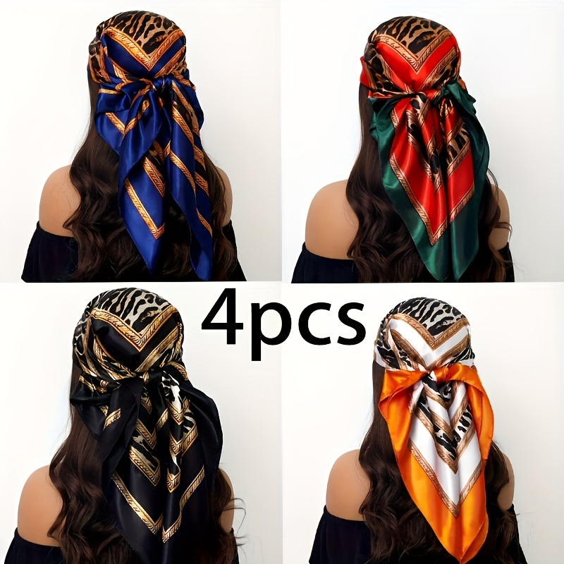 TEMU 4-pack Leopard Print Style Printed Polyester Headband Scarf 35.43 * 35.43 Inches, Sunscreen, Hand Wash, Square Scarf, Weekend Casual, Decorative, Warm