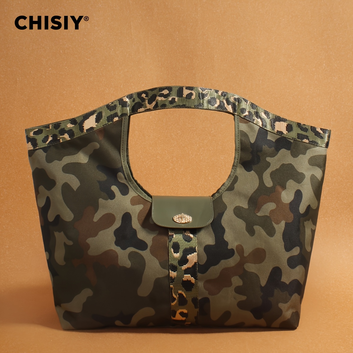 TEMU Camouflage Tote Bag Large Green Pu Panel & Camo Handbag Suitable For Commuting,,, Casual Outfits - Fabric With Pu Edging, Shoulder Straps & Closure