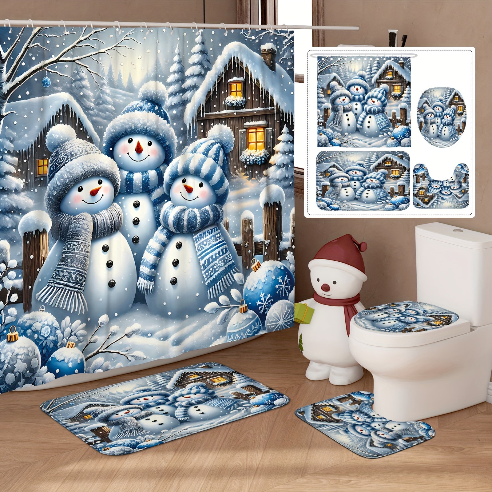 

1/4pcs Christmas Winter Shower Curtain Set Snowman Cute Shower Curtain Polyester Washable For Holiday Bathroom Shower Ornament Home Decor With12hooks Non-slip Bath Mat Toilet Lid Cover Mat