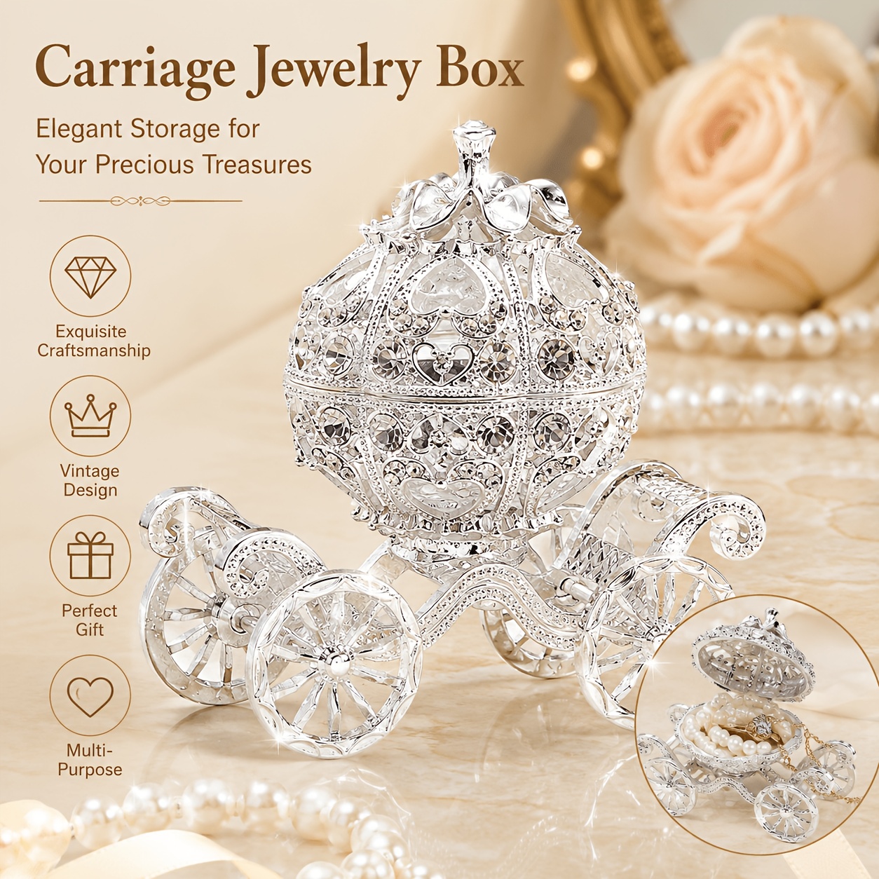 TEMU Boîte à bijoux citrouille en cristal - Boîte à bijoux de de princesse avec , boîte de rangement et de présentation de bijoux à , ornement