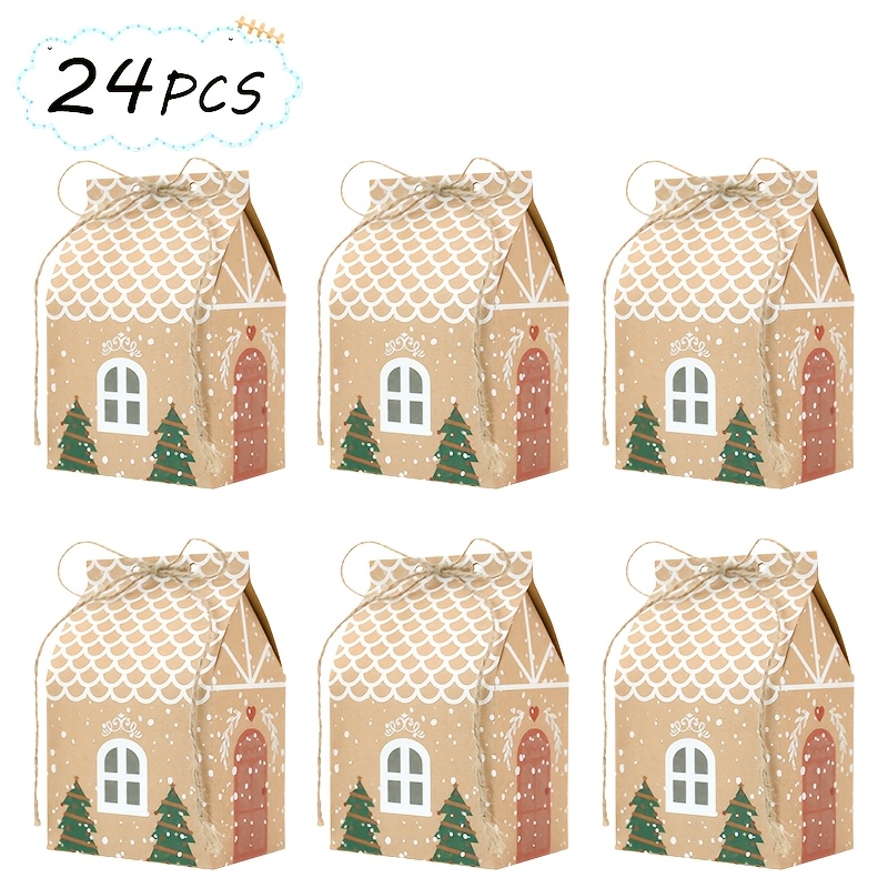 TEMU Weihnachtliche hausförmige Geschenkboxen, 24er-Pack, Kraftpapier-Partybeutelboxen für Weihnachten mit Schnurgriffen, festliche