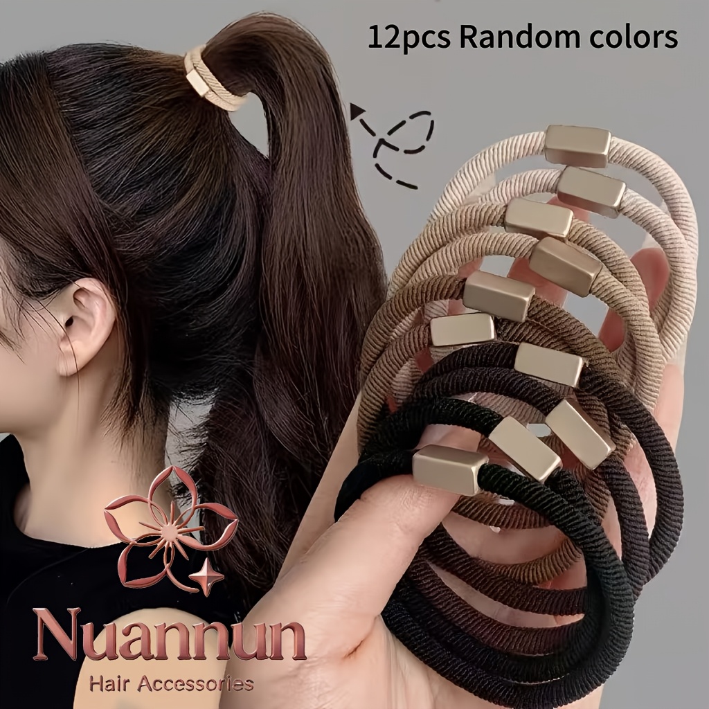 TEMU 12pcs Random Color Basic Flat-button Coffee-colored Hair Ties, Simple Diy High-elasticity Durable Hair Accessories