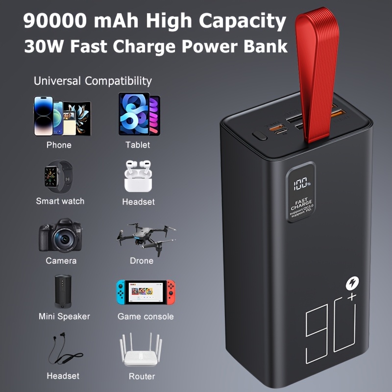 

90000mah High Capacity Power Bank, 30w Pd & Qc 3.0 Fast Charging Portable Charger With Usb C, 5 2 Battery Pack With Led Display For Iphone Samsung Ipad Outdoor Camping