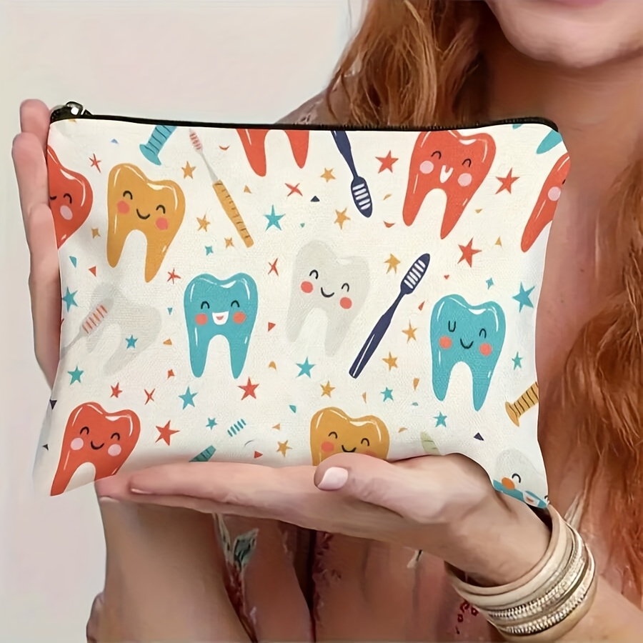 TEMU Fun And Educational Tooth Care Canvas Travel Bag - Vibrant Illustrations Of Teeth, Toothbrushes, Toothpaste, Etc. - For Dental Hygiene, Young