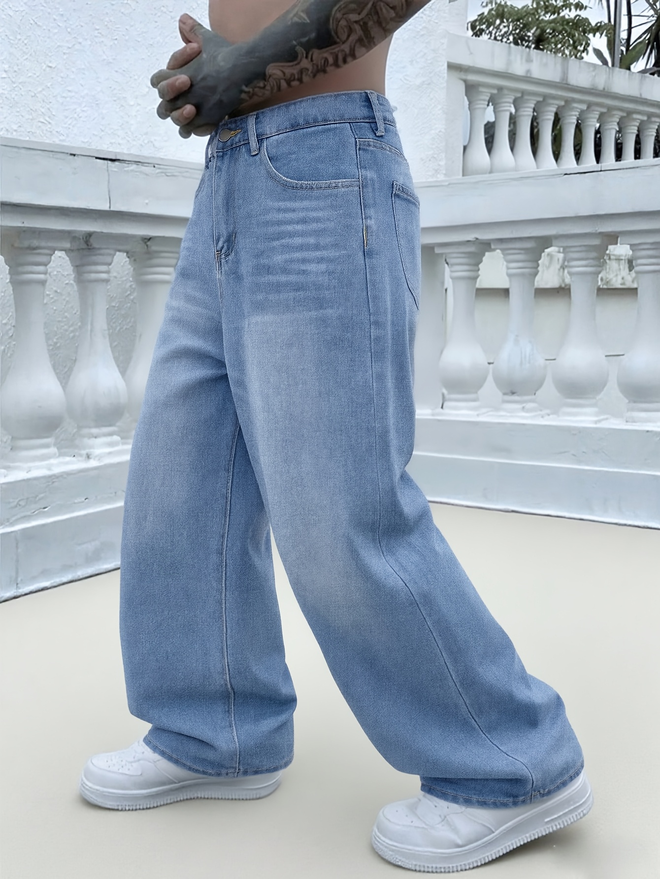 japanese korean vintage mens blue gradient wash ultra baggy - Temu