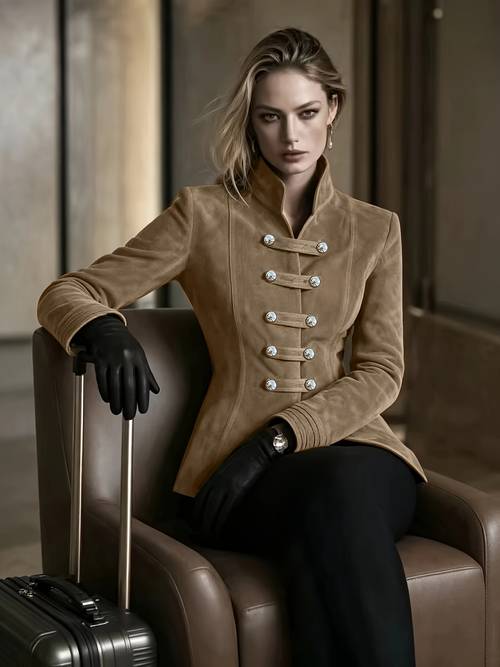 chaqueta de cuero sintético para mujer estilo militar retro con cuello , botones dorados en la cintura, irregular y corte irregular, estilo para viajes diarios