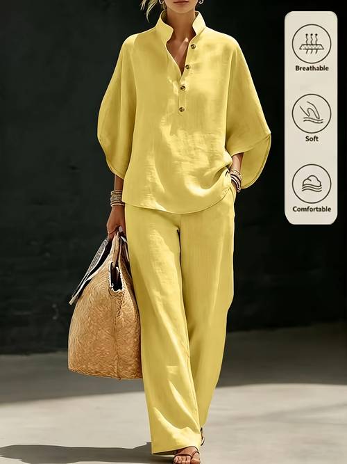 item picture womens summer like batwing sleeve set stand collar button blouse wide leg pants 2pcs casual vacation outfit