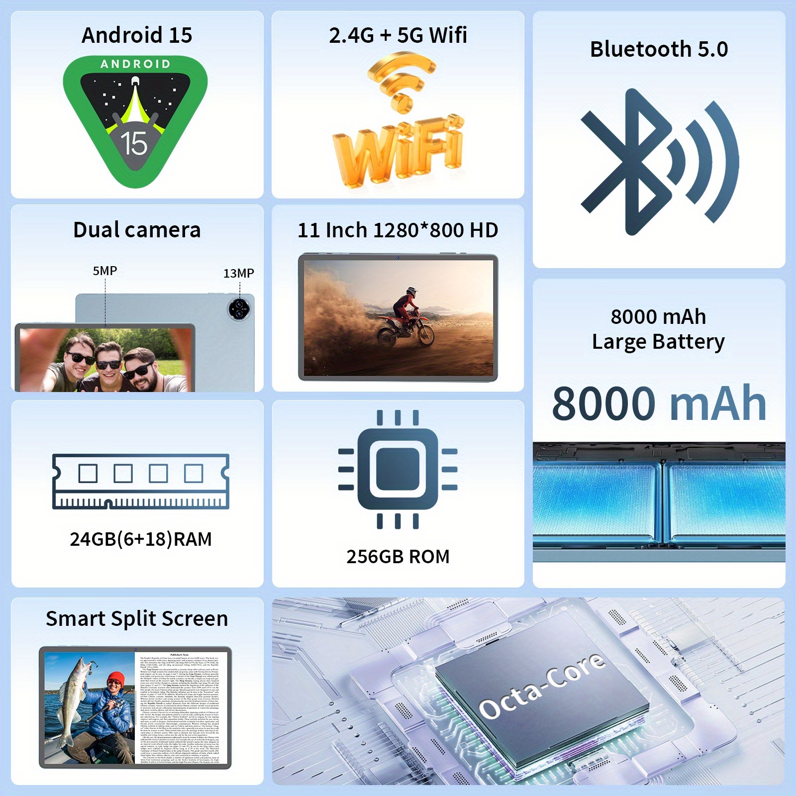 QDDQ Android 15 Tablet beschikt over een 11-inch LED-scherm, 256GB opslag en 24GB RAM (6GB plus 18GB uitbreidbaar). Het wordt aangedreven door een 8000mAh batterij, geschikt voor gaming, tablet, pad.