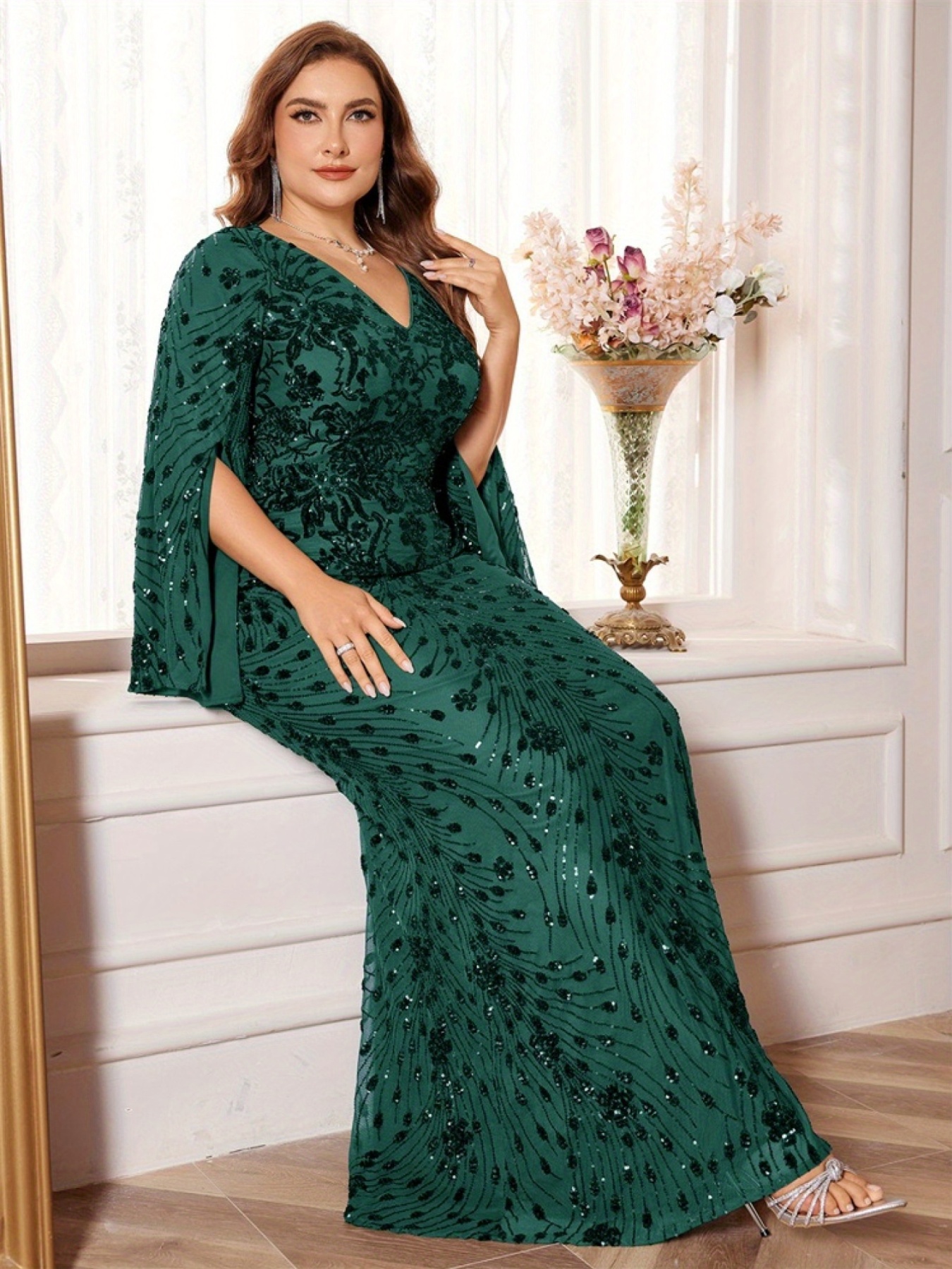 elegant green sequin v neck long sleeve maxi dress women Temu Norway