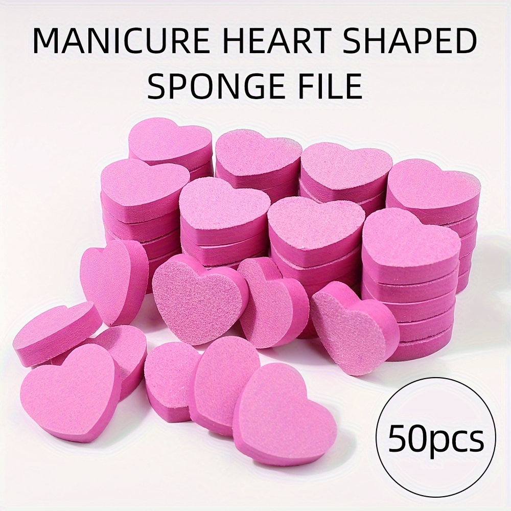 

50pcs Mini Heart-shaped Pink Unscented Nail Files Sponge Buffers For Manicure And Pedicure Tools