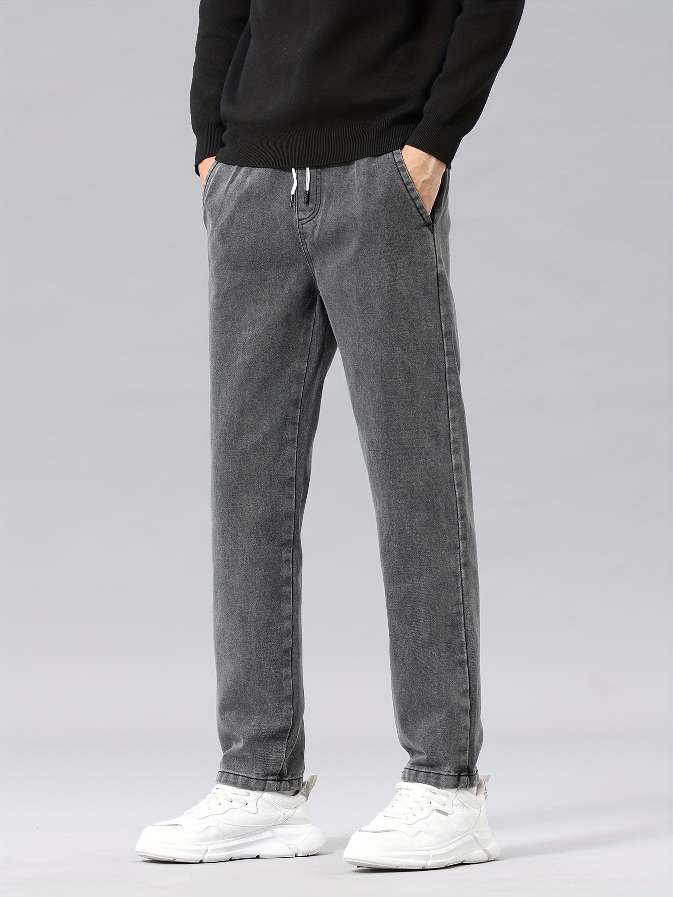 1pc Men'S Casual Washed Denim Jeans, Mid Waist Drawstring Waist, Non-Stretch Solid Color, Straight Leg, Regular Fit, Woven Fabric, Weekend Casual Style, Spring/Fall Season, 9/10 Length Pants