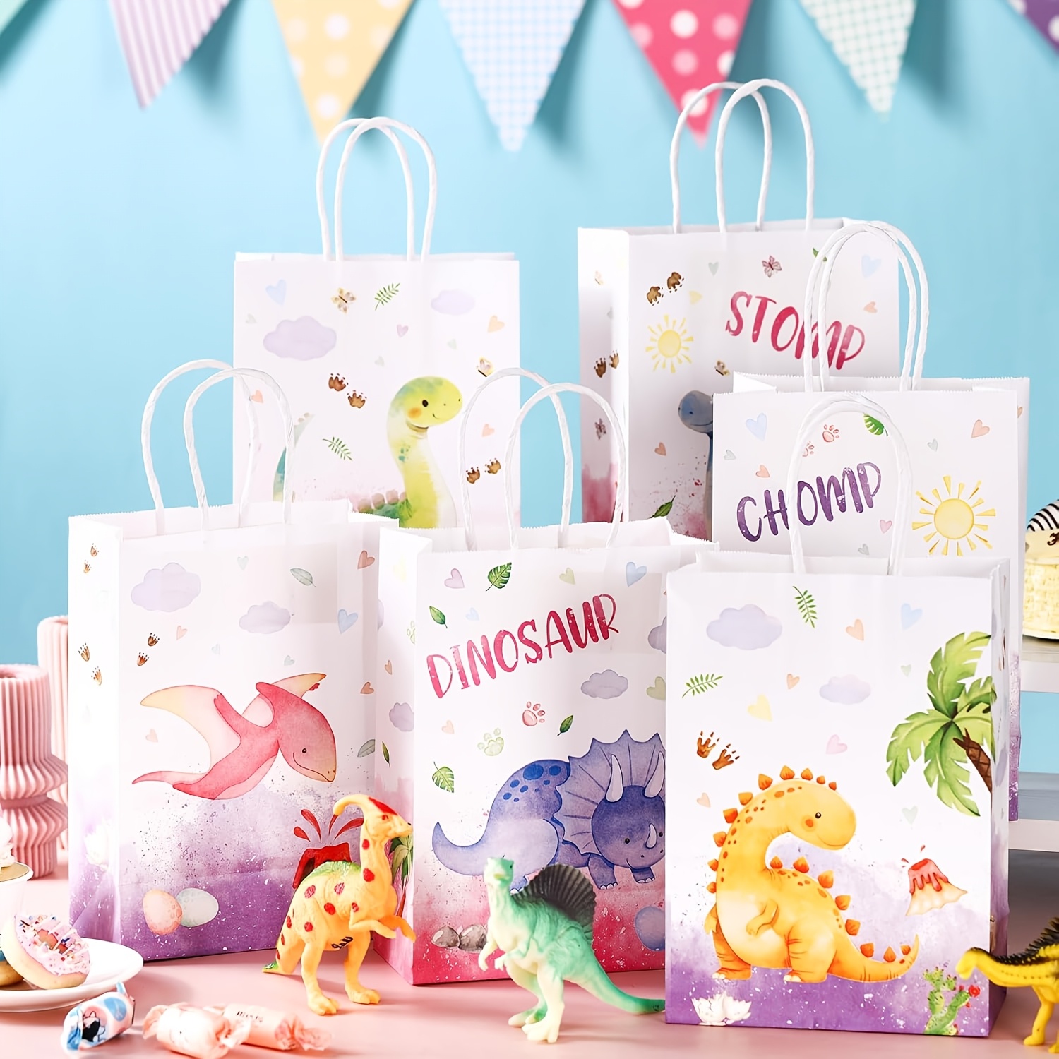 6pcs Dinosaur Theme Pattern Gift Bags with Handles