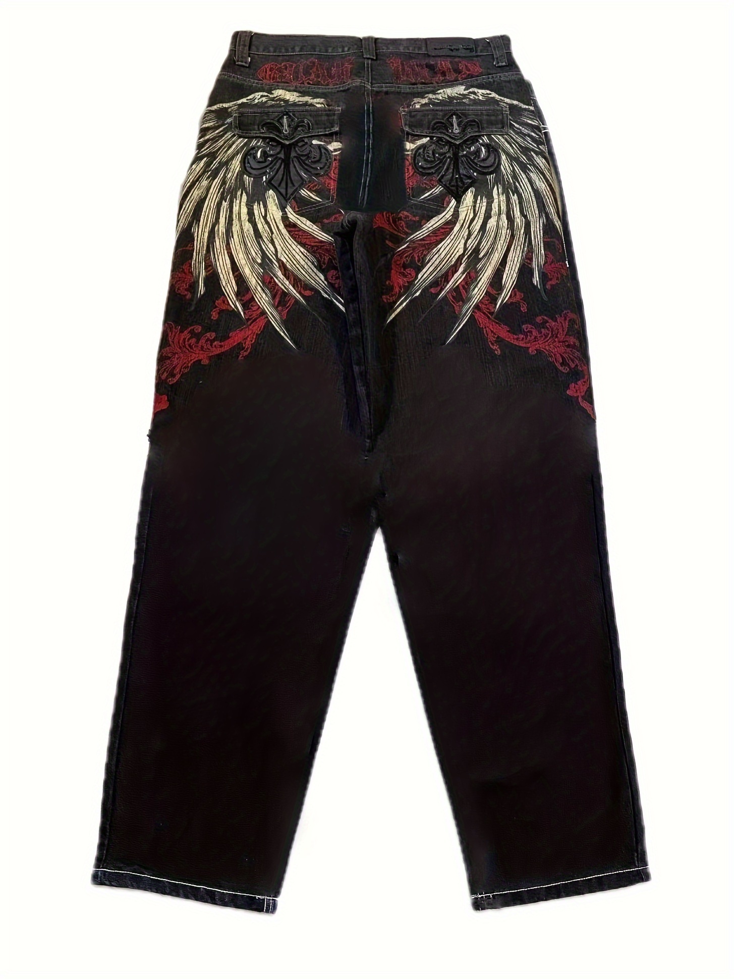 men's gothic punk hip hop wings print denim jeans - Temu