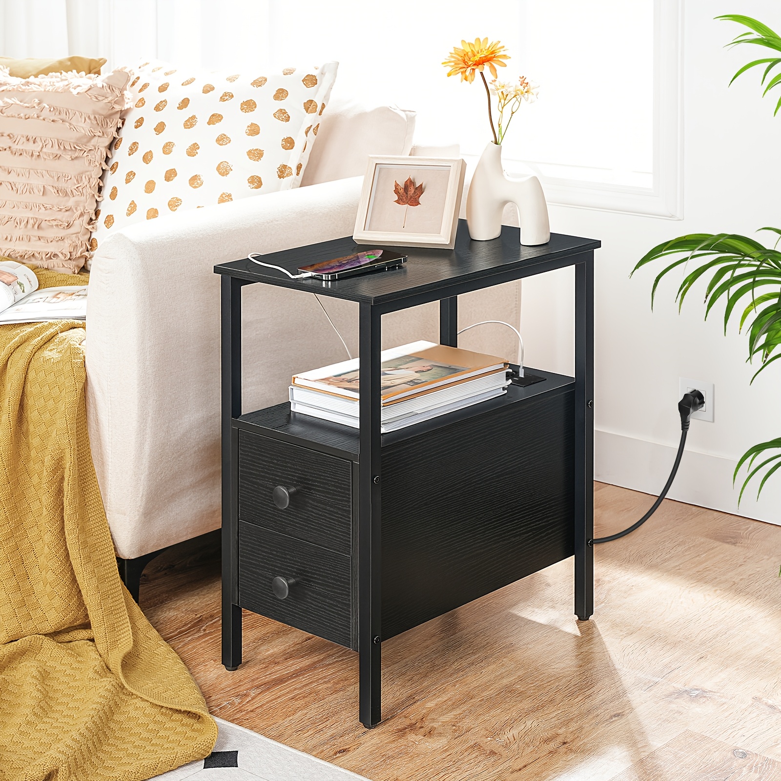 Image of Side Table With Charging Station, Sofa Table With 2 Drawers And Usb Ports & Outlets, Nightstand For Small Spaces, Stable And Durable, For Living Room, Bedroom, Black