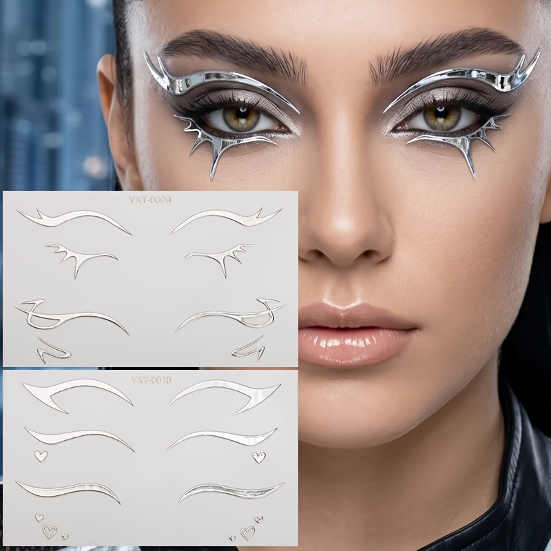 Image of 2pcs Of 3d Silver Eyeliner Sticker For -bright Metallic Wing Pattern,ideal For Party Cosplay And Music Festival Body Art Makeup Rave Accessories, Corner Decor