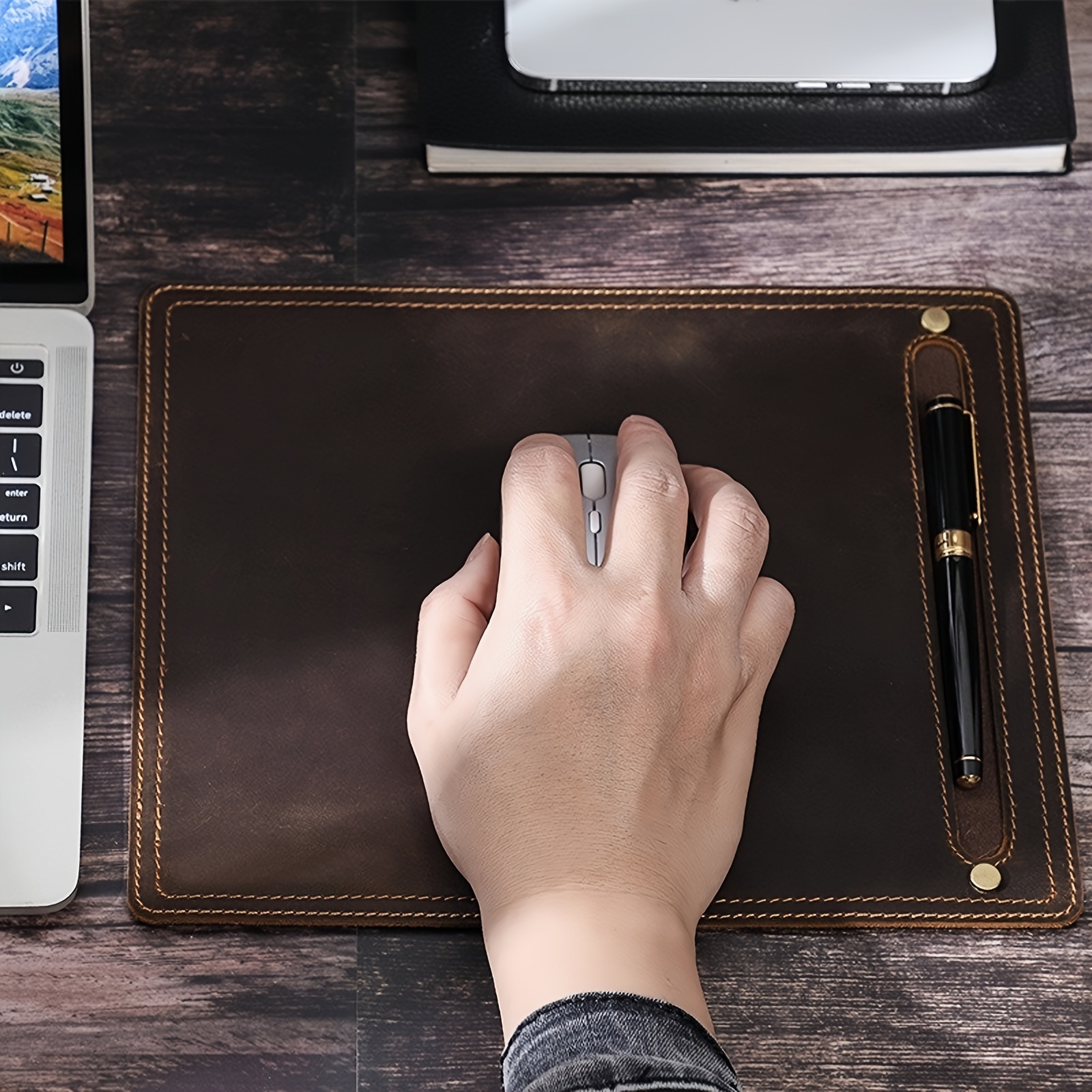 Handcrafted Top-grain Cowhide Mouse Pad - 27.94x22.86 cm Non-slip Genuine Dermis Office Mat with Pen Slot, Ergonomically Designed Computer Accessory Suitable for Office and Study Environments.