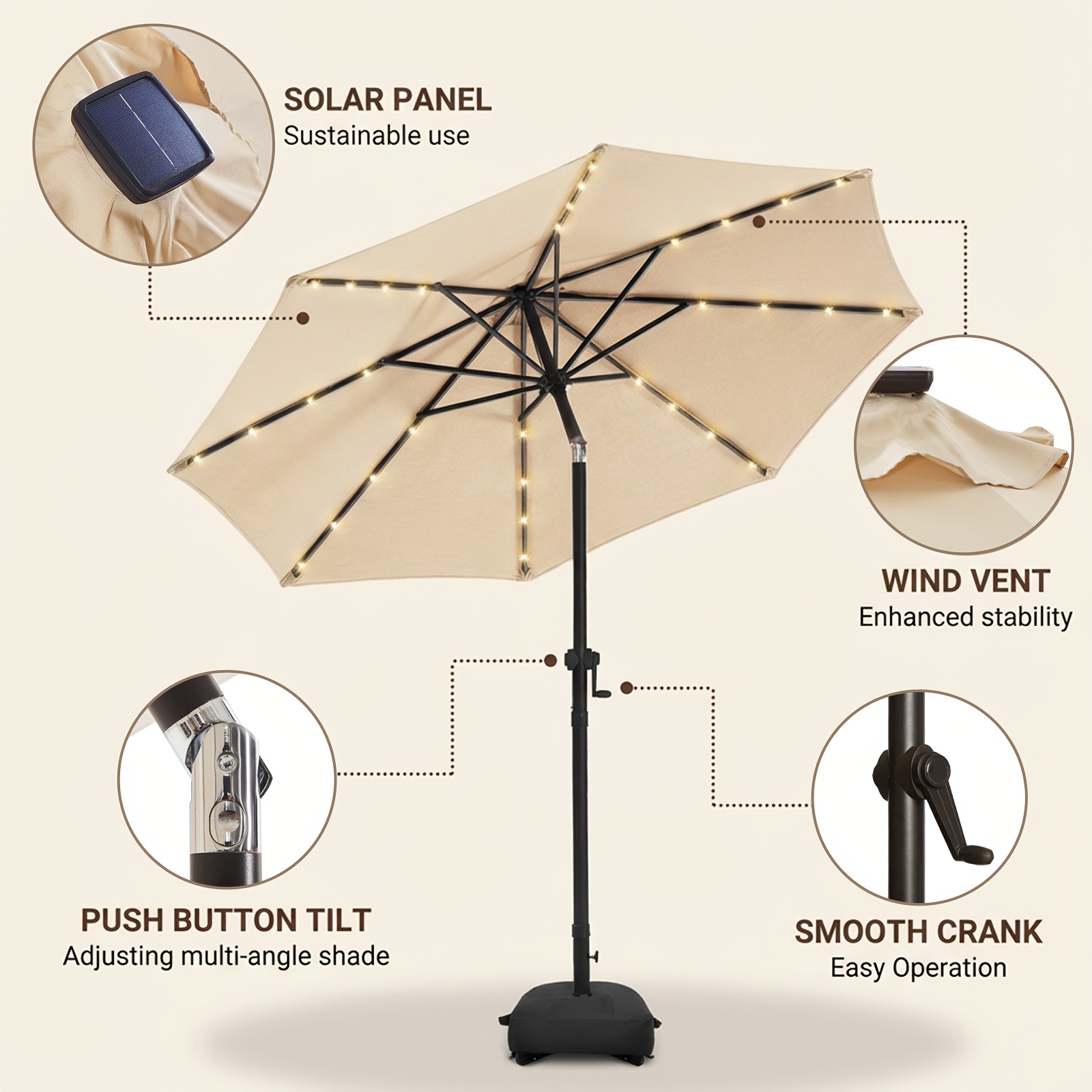 [Christmas & Halloween] Deluxe 32 LED Lighted Patio Umbrella - Navy Blue/Beige/Red/Brown, Solar 10Ft Market Umbrella with Base, Outdoor Table Umbrella with Ventilation, Solar Umbrella with Push Button Tilt/Crank for Garden, Deck, Backyard, Pool, Christmas & Halloween