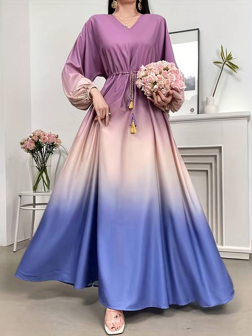 Artikelbild damen mode elegantes v-ausschnitt langarm gradient taillengürtel maxikleid