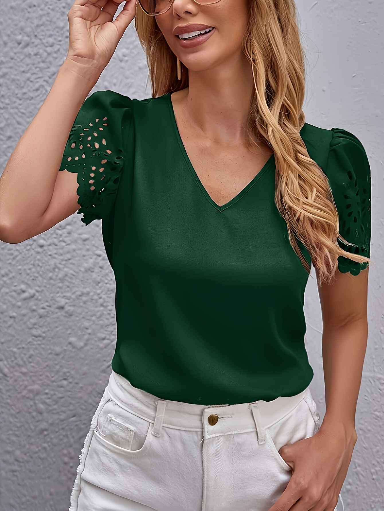 Elegant Casual Short-Sleeve Top for Women with Laser-Cut Scalloped Edges.
