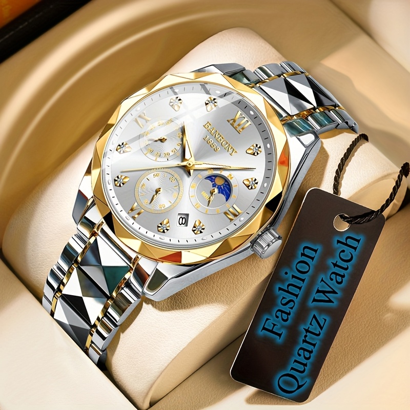 Banbony Men'S Quartz Watch Stainless Steel with Rhinestone Roman Numerals HD Large Dial Waterproof Luminous Display Date Calendar Multi-Function Silent Watch Fashionable Appearance Men'S Luxury Gift for Birthday, Family Gathering, Party
