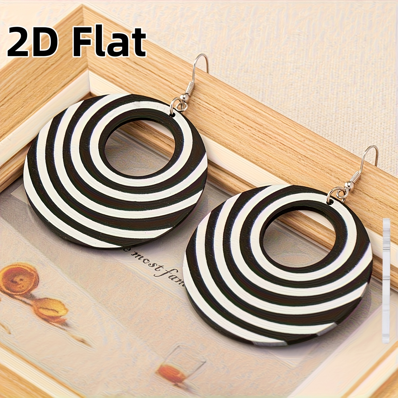 Image of 2d Flat 1 Pair Bohemian Style Geometric Hollow Circular Black And White Striped Print Individual Easy Design Women's Fashion Drop Earrings