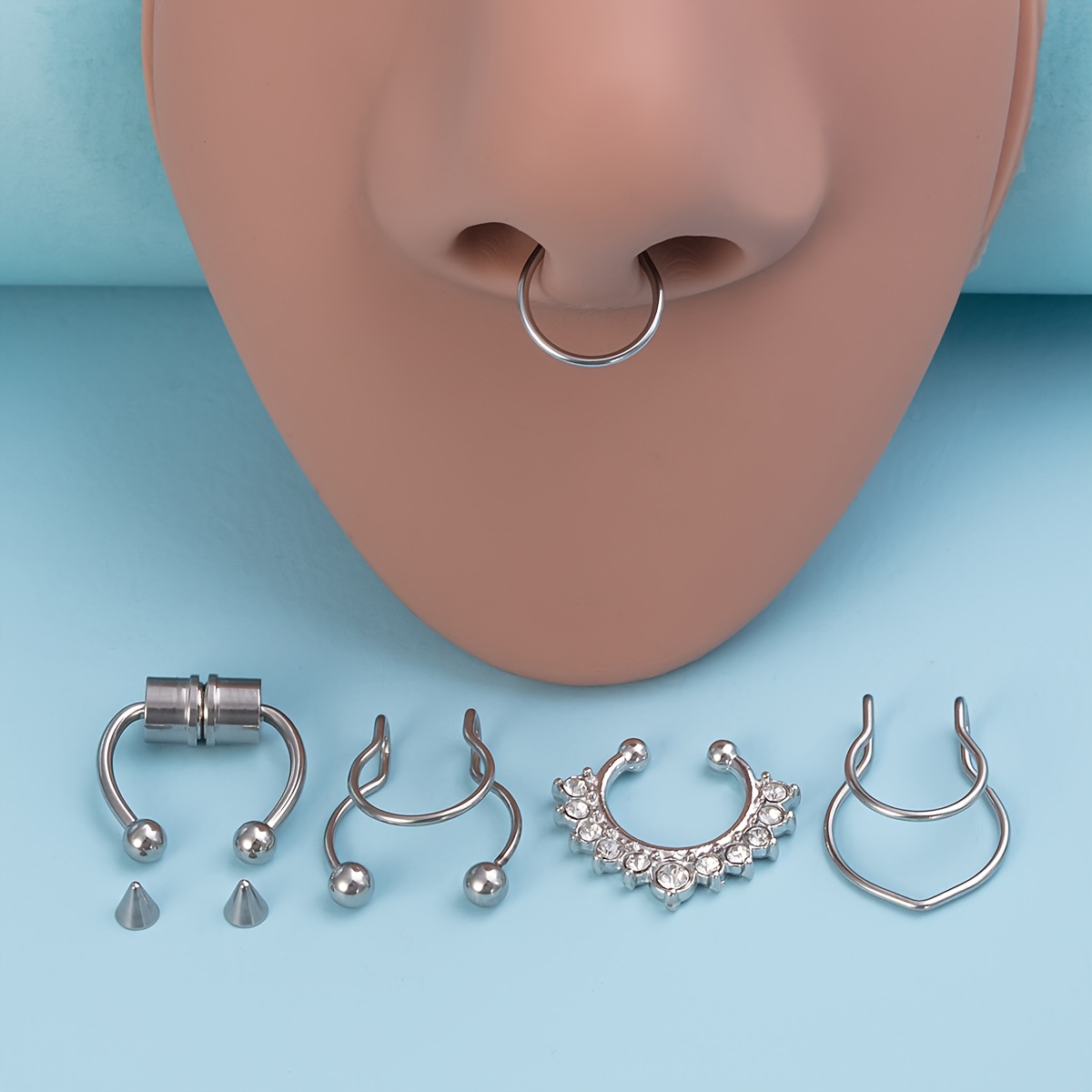 Image of 5pcs Clip-on Fake Septum Nose Piercing Jewelry - Non-pierced Nose For Daily Wear & Parties, Temporary Nose Piercing, Fashion Nose Piercings (no Needle Application Required)