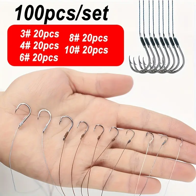 100pcs set 3 4 6 8 10 pre tied fishing hooks leader rigging - Temu Bahrain 100pcs set 3 4 6 8 10 pre tied fishing hooks leader rigging - Temu Bahrain