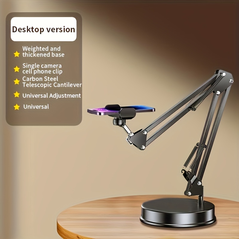 Adjustable Height & Angle Desktop Phone Holder - Sturdy Iron Tripod Base, 360° Rotating Arm for Live Streaming, Video Recording, and Photography, Black, Camera Mounts