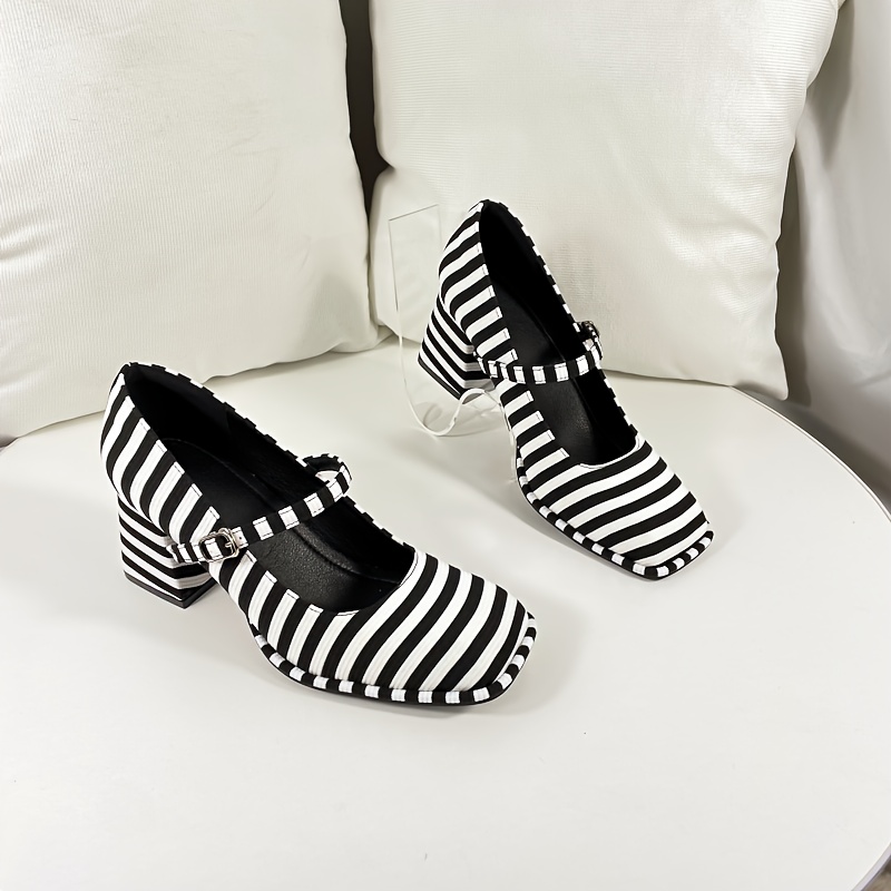 

1 Pair Women's Sexy Mary-jane Pumps, Striped Pattern, Square Toe, Heel, Breathable Fabric Upper, High Heels With And Insole