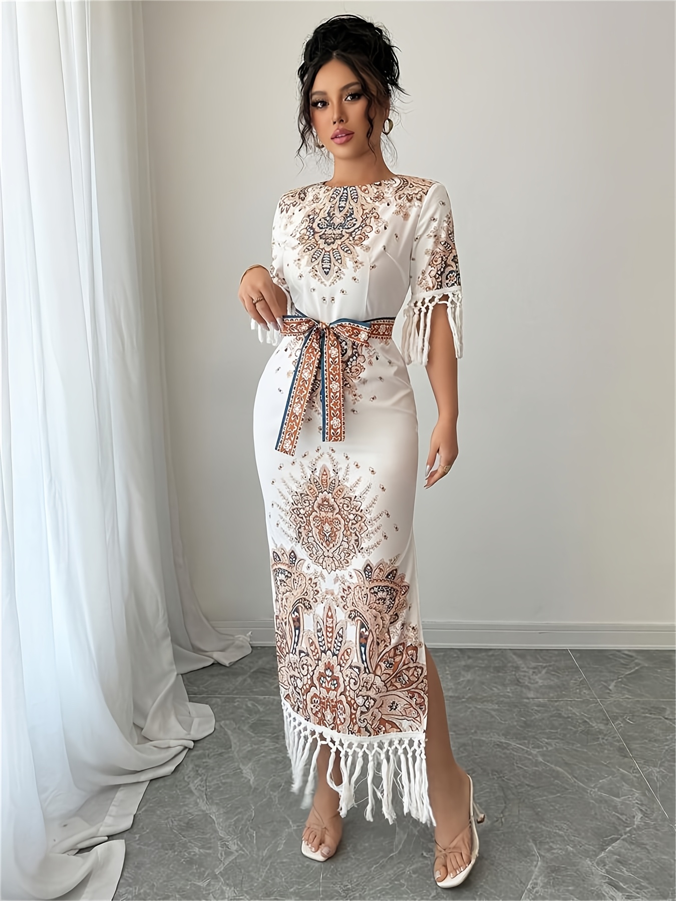 slim fit dress slacks Medellin Gathered Side-Tie Wrap Dress Paisley Beige main image 1