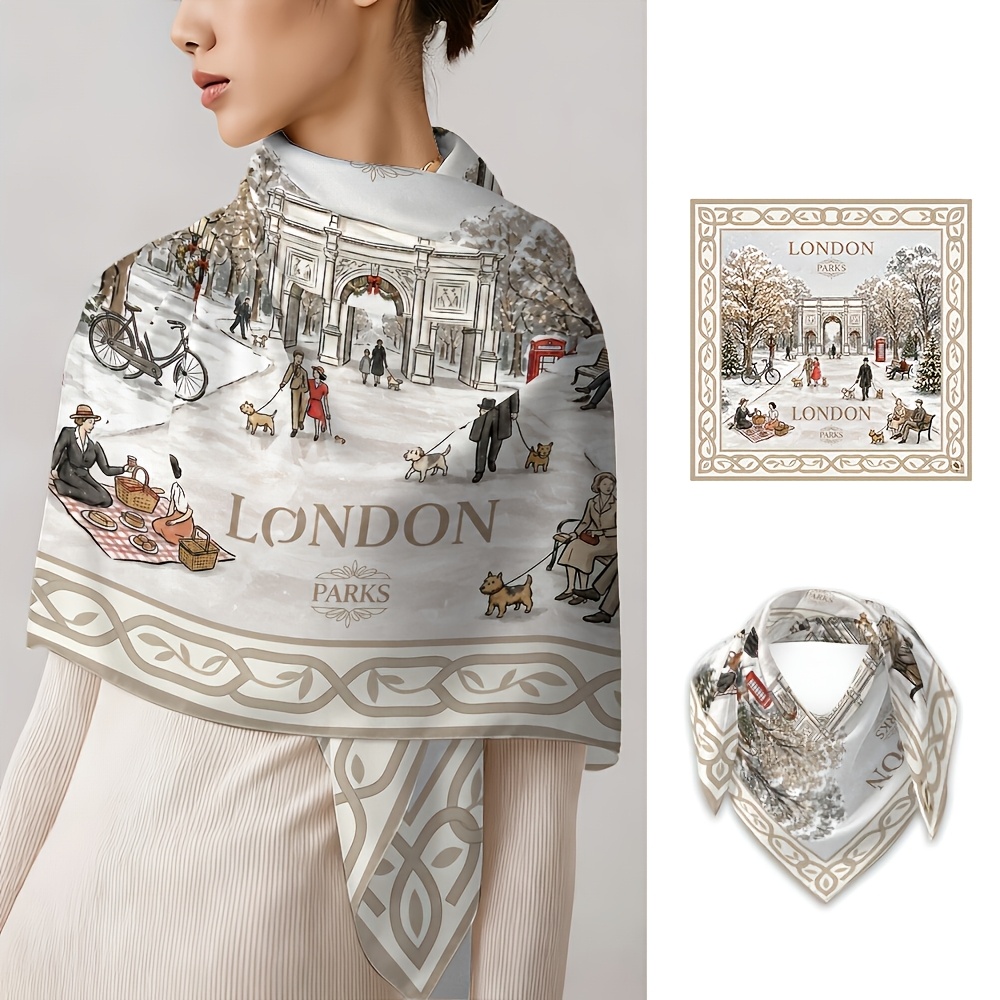 TEMU 1pc London-themed Bandana Scarf For Women - Retro Christmas Travel Shawl With London Print, Soft And Breathable Winter Headband And Bag