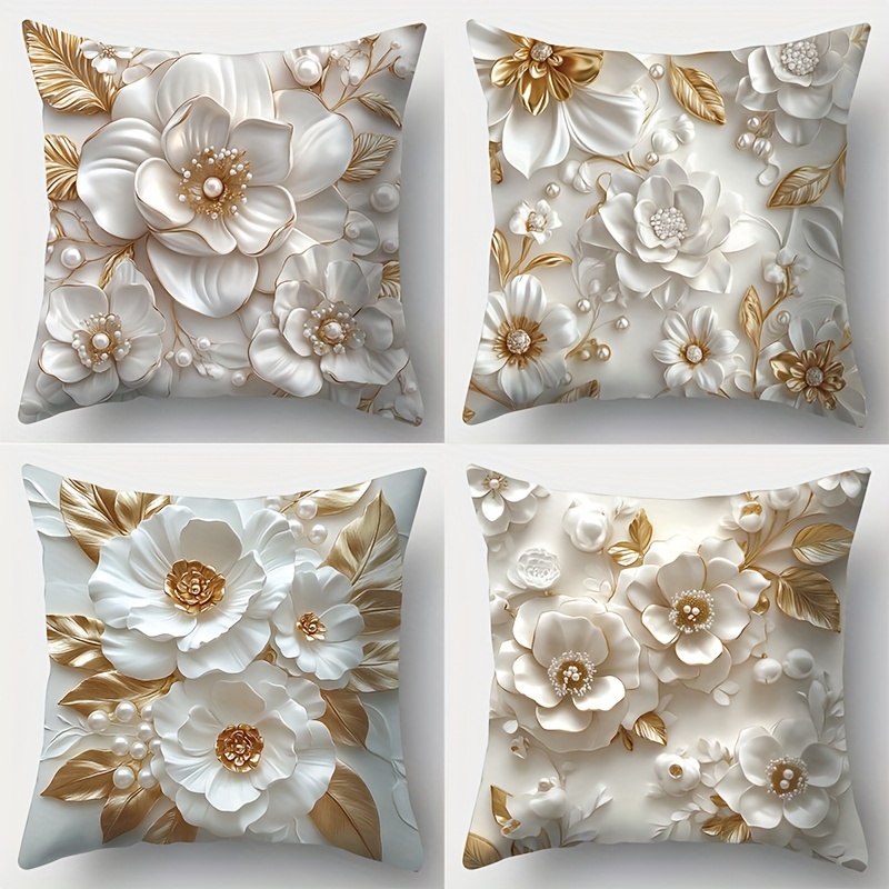 

4-pack Flower Theme Throw Pillow Covers With Pearl , Contemporary Style, Zipper Closure, Hand Wash Only, Woven Polyester Fabric, Soft And Comfortable Decorative Cushion Cases For Living Room