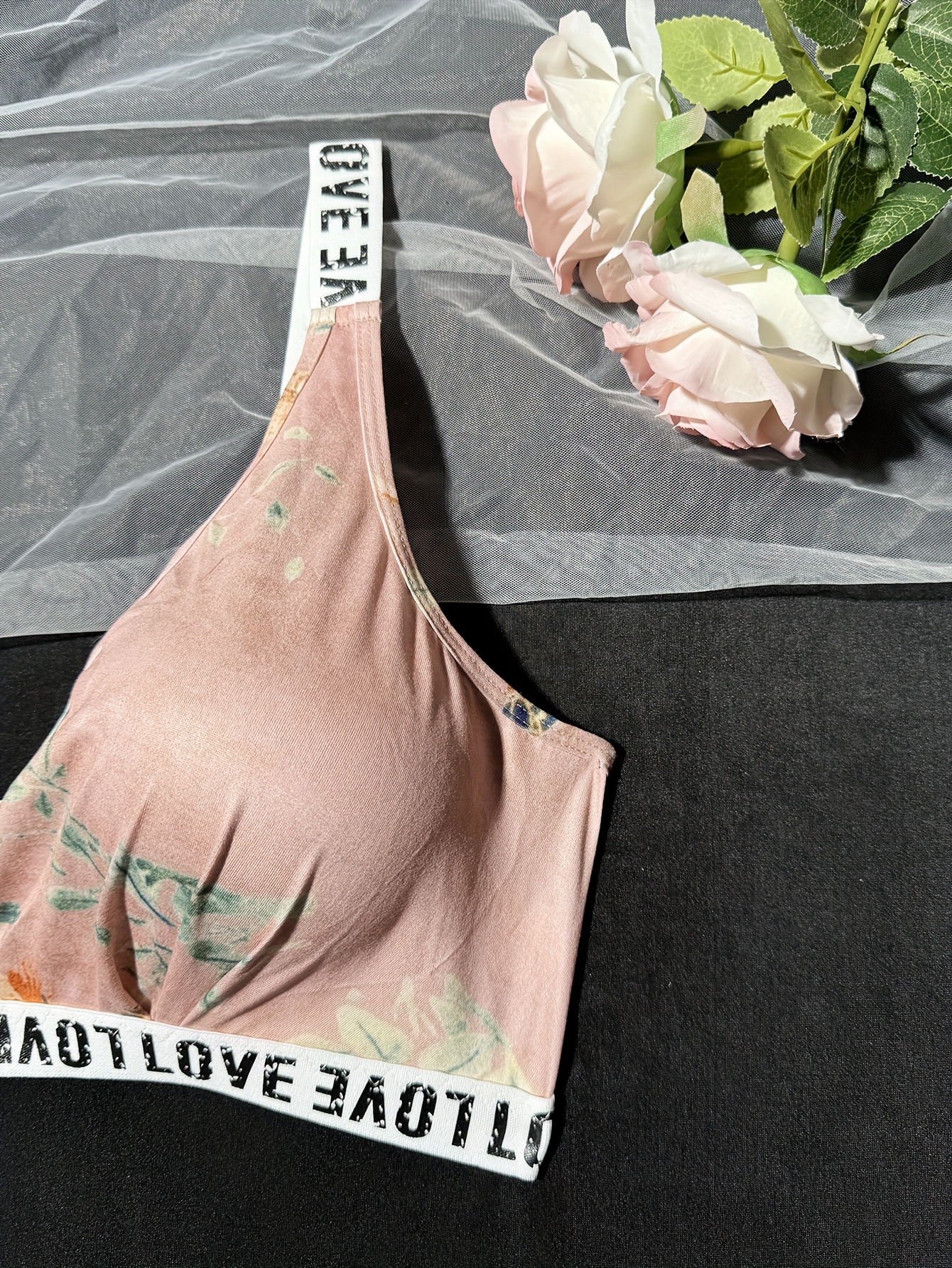 Plus Size Sexy Lingerie Set, Women's Plus Floral Print Contrast Letter Tape  Bra & Panty Lingerie Two Piece Set