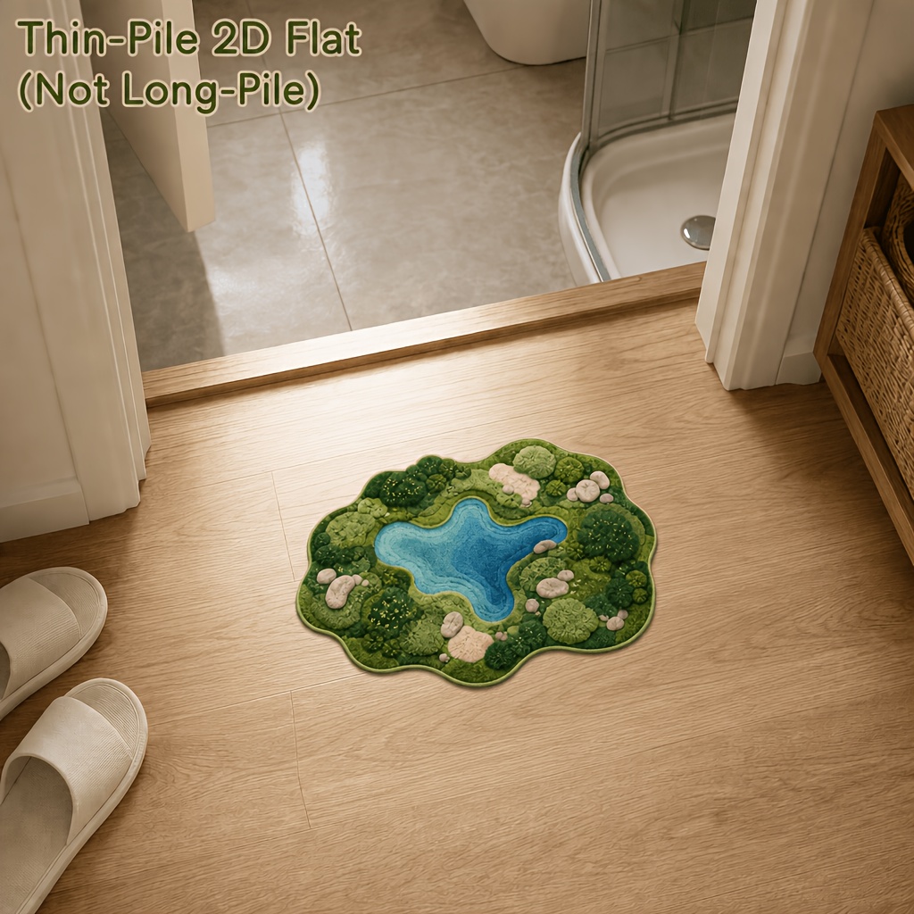 TEMU 1pc Velvet Doormat 850g/㎡, 9mm Thin Pile 2d Printed Non-long Pile, Moss Lake Landscape Irregular Shape Absorbent Rug. High-density Short Pile,