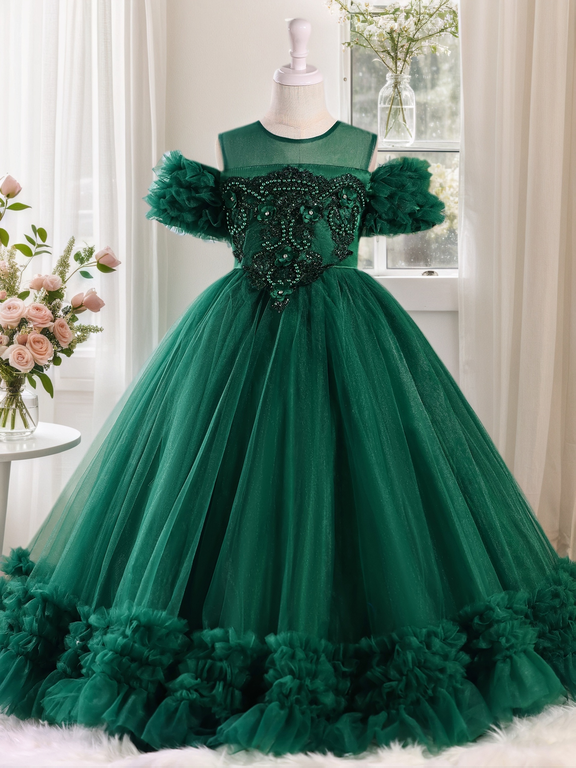green balmain dress Girls Mesh Puff Sleeve Summer Dresses main image 0