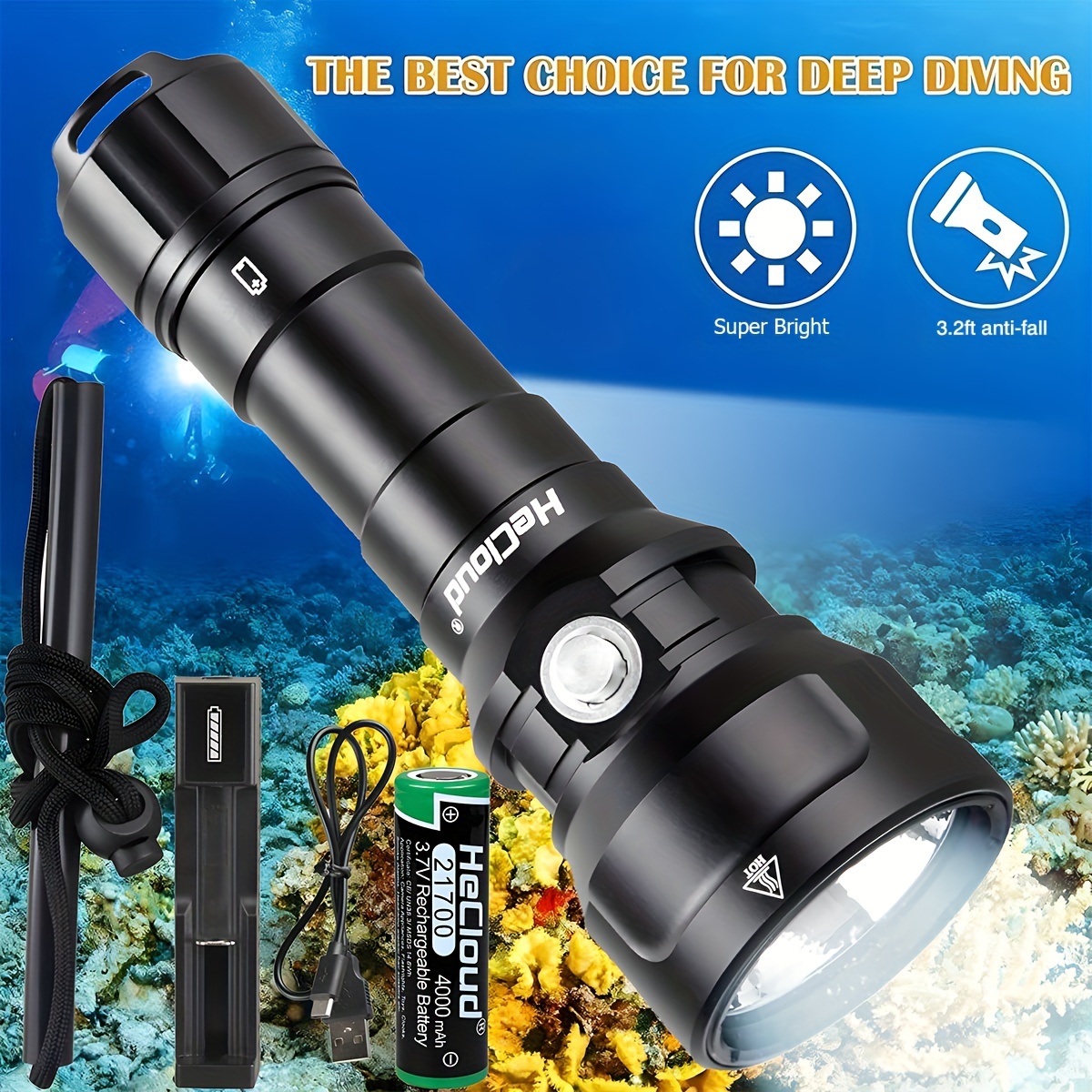 

1pc High Lumens Pm70 Diving Flashlight, Underwater 492ft Professional Snorkeling Lights, Super Bright Led Diving Torch, Rechargeable 21700 Battery, Usb Charger For Underwater Sports