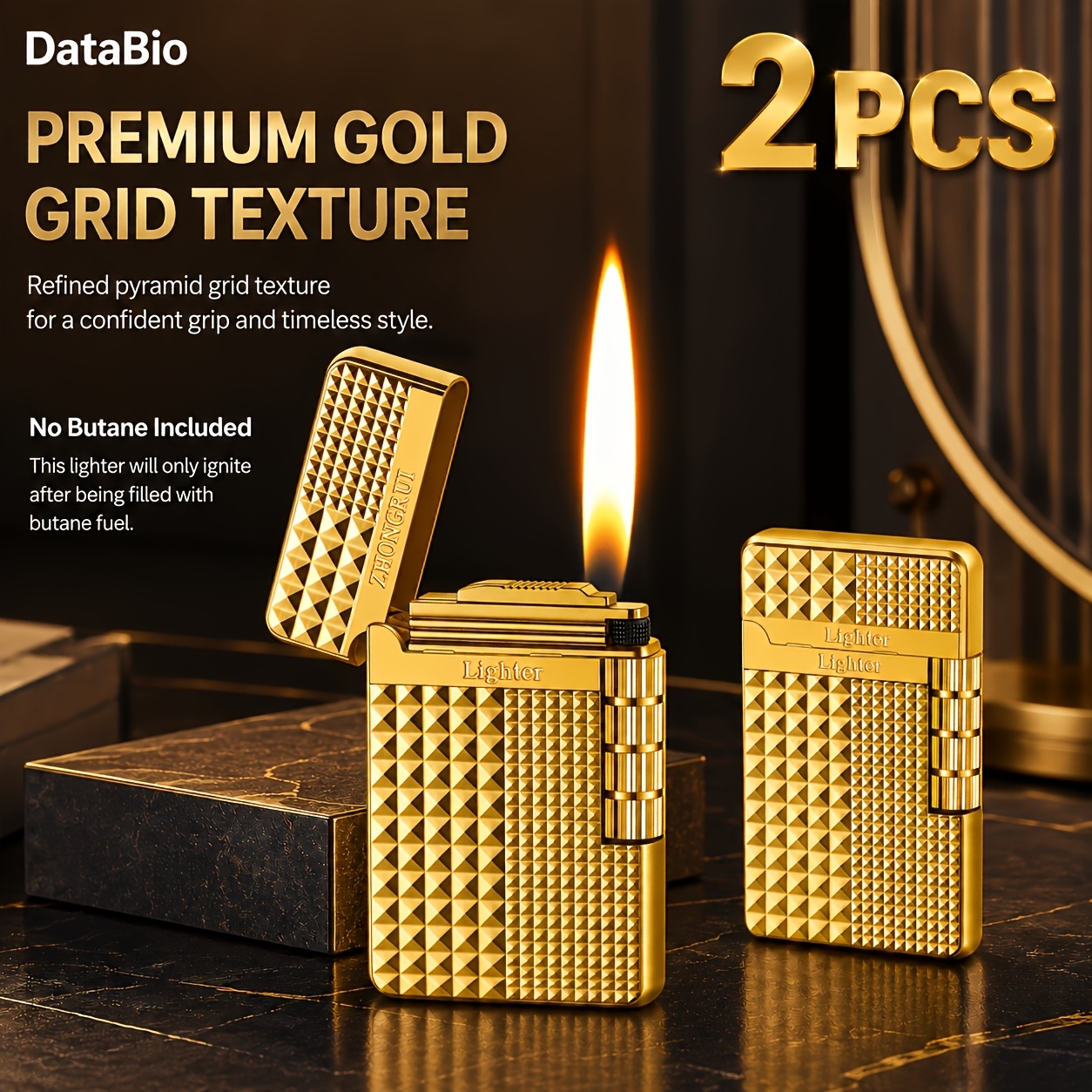 (no Butane) 2-pack Unique Butane Lighters, Geometric Rhinestone Design, Refillable Soft Flame Lighter, Metal Golden Side Wheel Frosted Pocket Lighter, Gifts For Men, Father, Husband, Without Battery