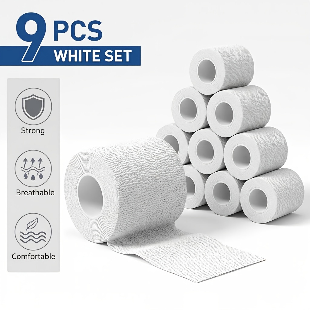 9pcs White Self Wrap, Breathable Bandage Roll, Strong Elastic Tape For Wrist Ankle Support, Comfortable Pet Vet Tape