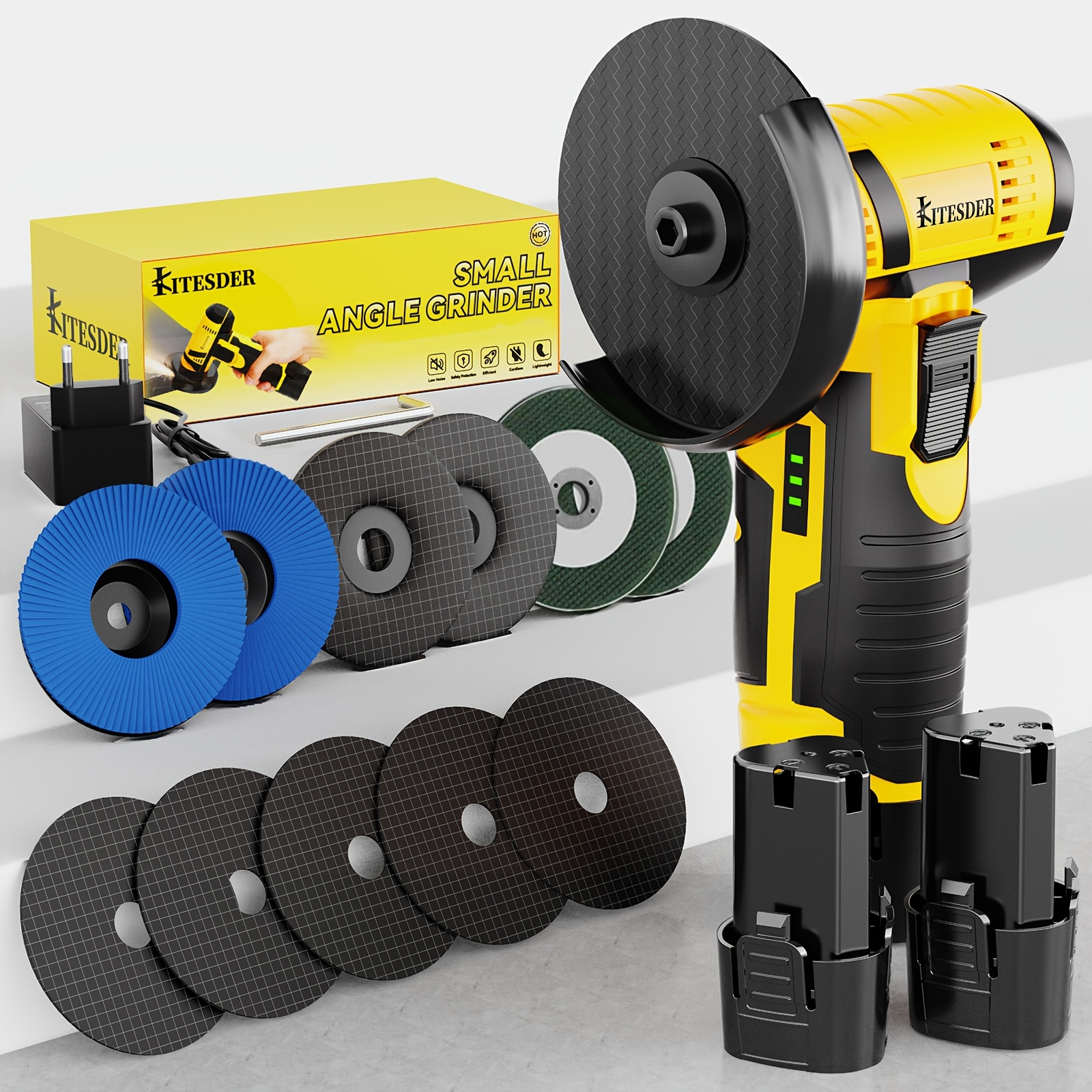 Kitesder 12v Wireless Mini Angle Grinder, Lithium Battery Operated, Cordless Portable. Powerful With Speed, Dustproof And Durable. Perfect For Grinding, Polishing, Rust Removal, &