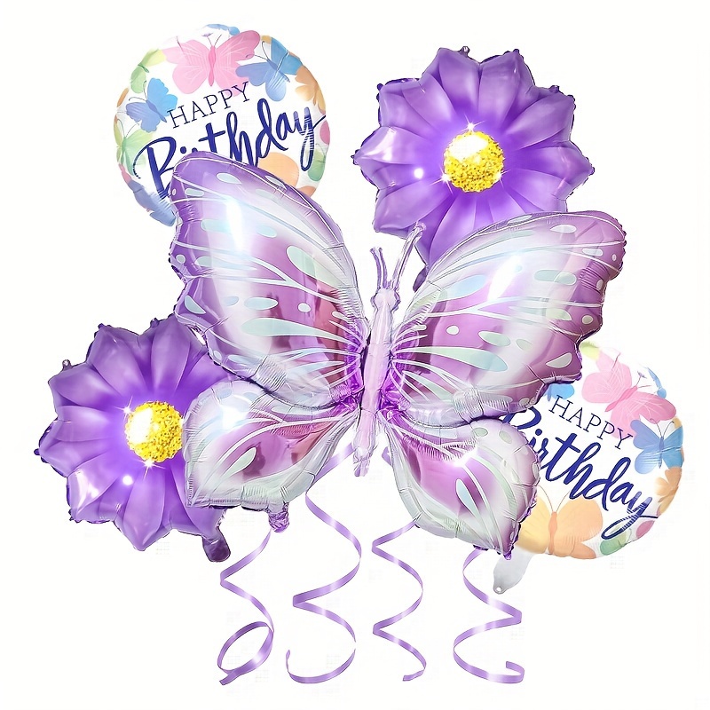 

5-piece Purple Butterfly & Flower Foil Balloon Set - Perfect For Birthday, Wedding, Engagement Parties & More - No Power Needed