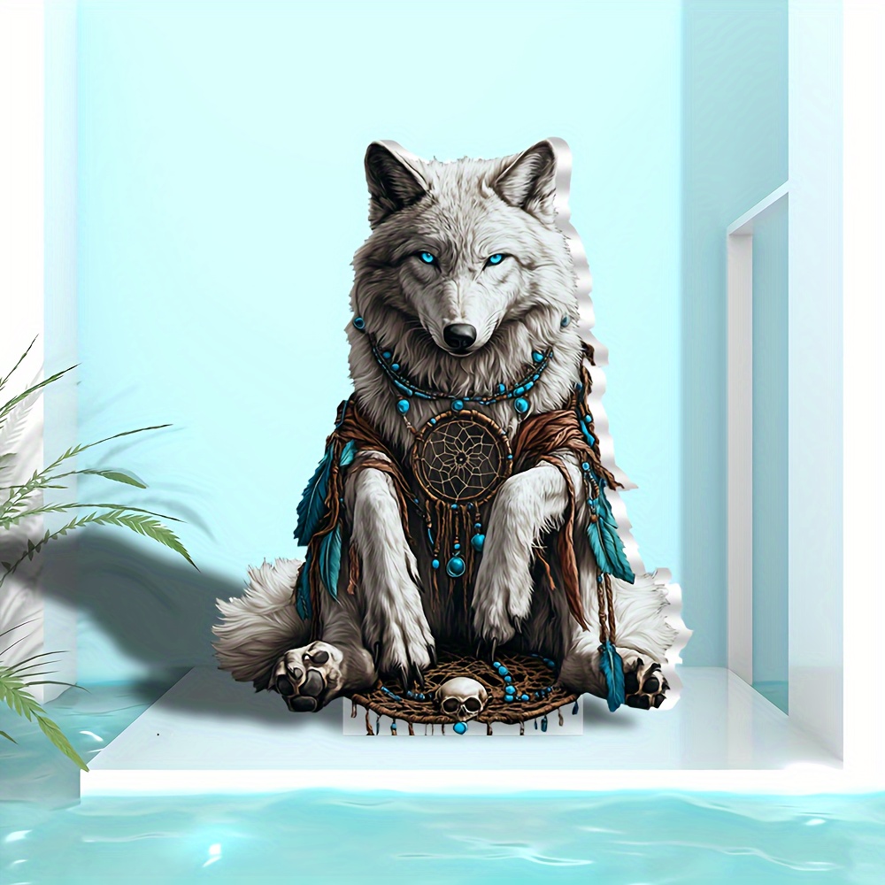 

White Wolf Acrylic Figurine 5.91" X 4.72" - Bohemian Style Decor, Ideal Gift For Animal Enthusiasts