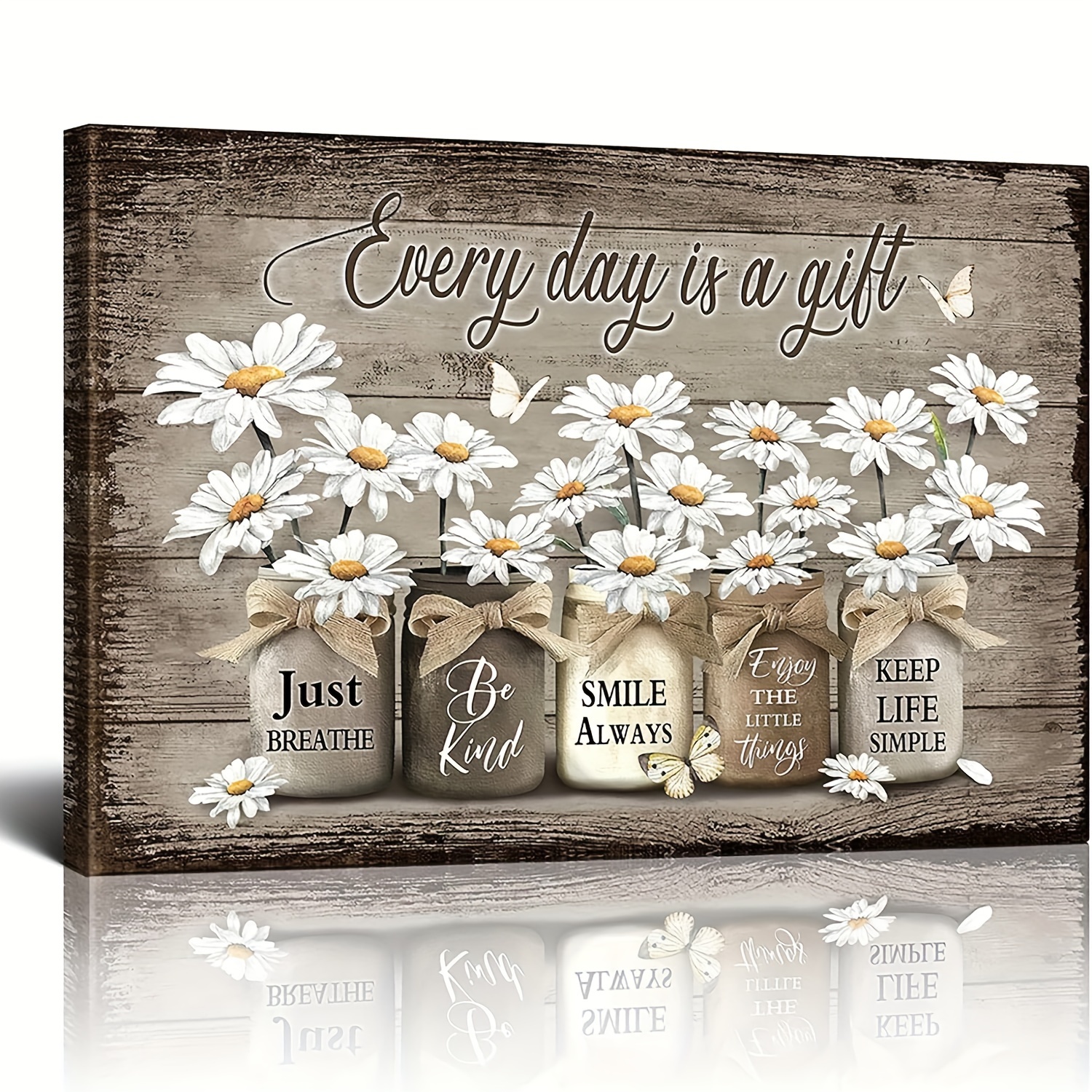 

1pc, Rustic Daisies Butterfly Canvas Painting Vintage Floral Wall Art Floral Inspirational Picture Bedroom Living Room Bathroom Office Wall Decor Home Decor 12"x16" No Frame