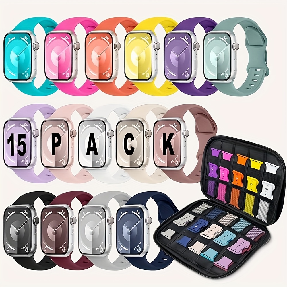 15pcs Sport Bands with Storage Case Compatible for Apple Watch Bands 44mm 45mm 46mm 49mm 42mm 41mm 38mm Women Men, Soft Silicone Strap Watch Band for iWatch Series 10 9 8 7 6 SE 5 4 3 2 1 Ultra
