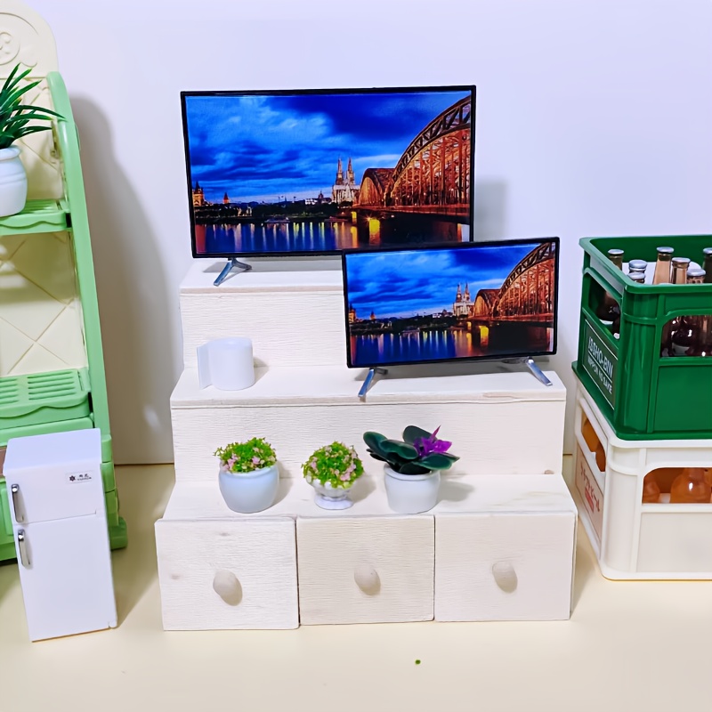 Toyvian Mini Téléviseur LCD 1/12 – Meuble TV Miniature Blanc, Décoration Maison De Poupée Salon/chambre