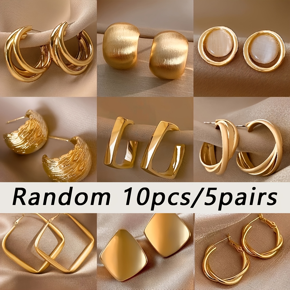 TEMU Random 10pcs/5pairs Vintage Matte Set, Various Geometric Texture Styles, Light Luxury High-end Feel, Versatile For Commuting And Dating,