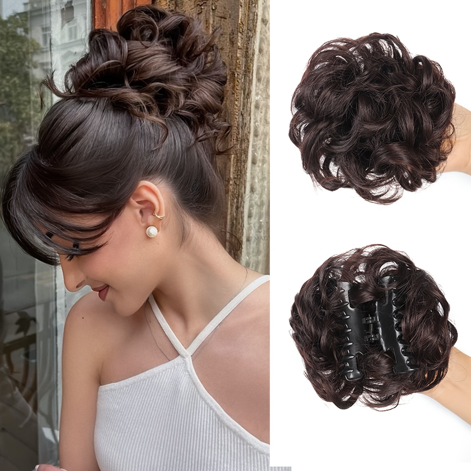 Image of Elegant Messy Bun Hairpiece For Women - Natural Fluffy Claw Clip Ponytail Extension With Beads, Curly , Hair Accessories
