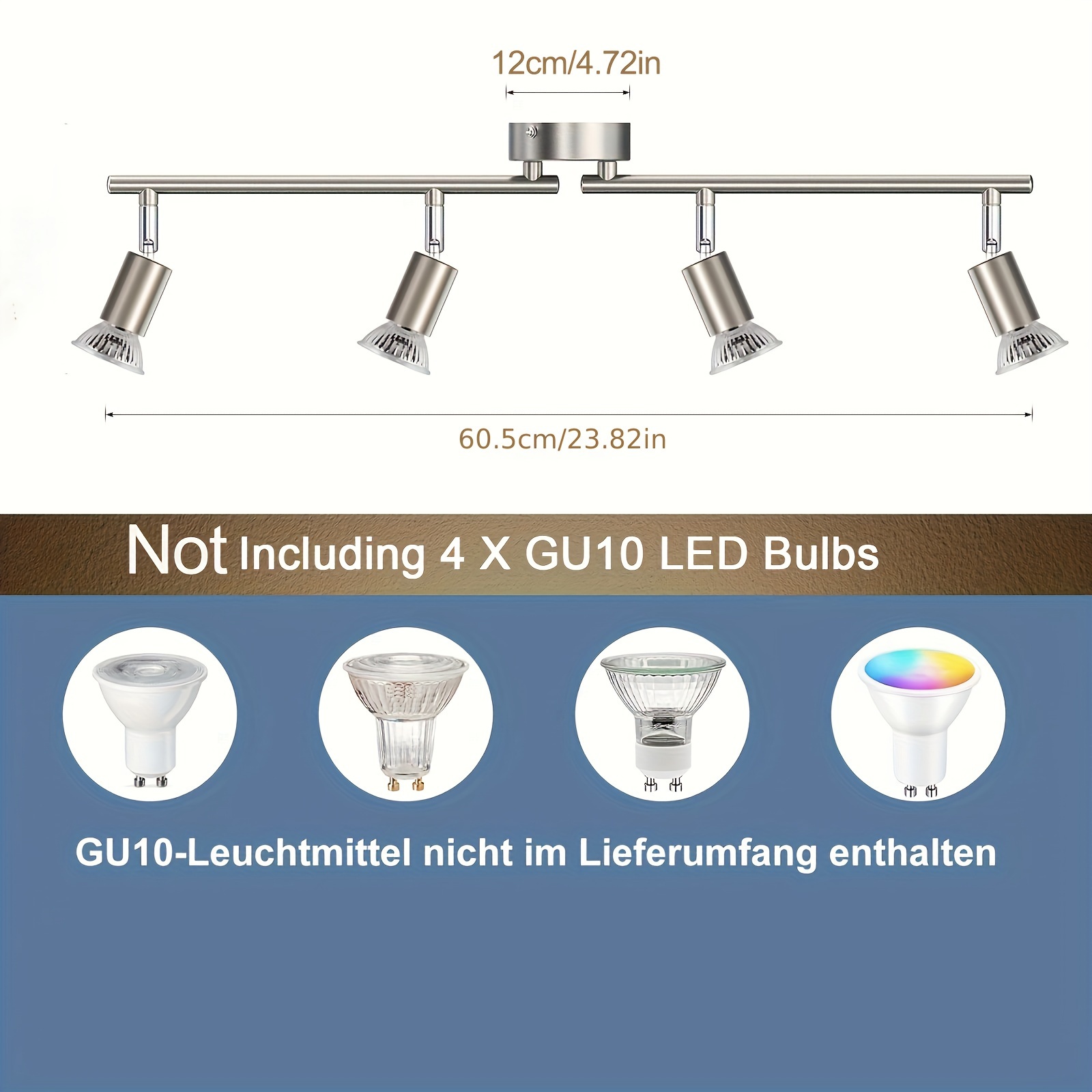Въртяща се LED плафон с четири прожектора с ефект на пламък, с 330° ротация, предназначена за модерни кухни, всекидневни и спални (матник). Крушките не са включени.