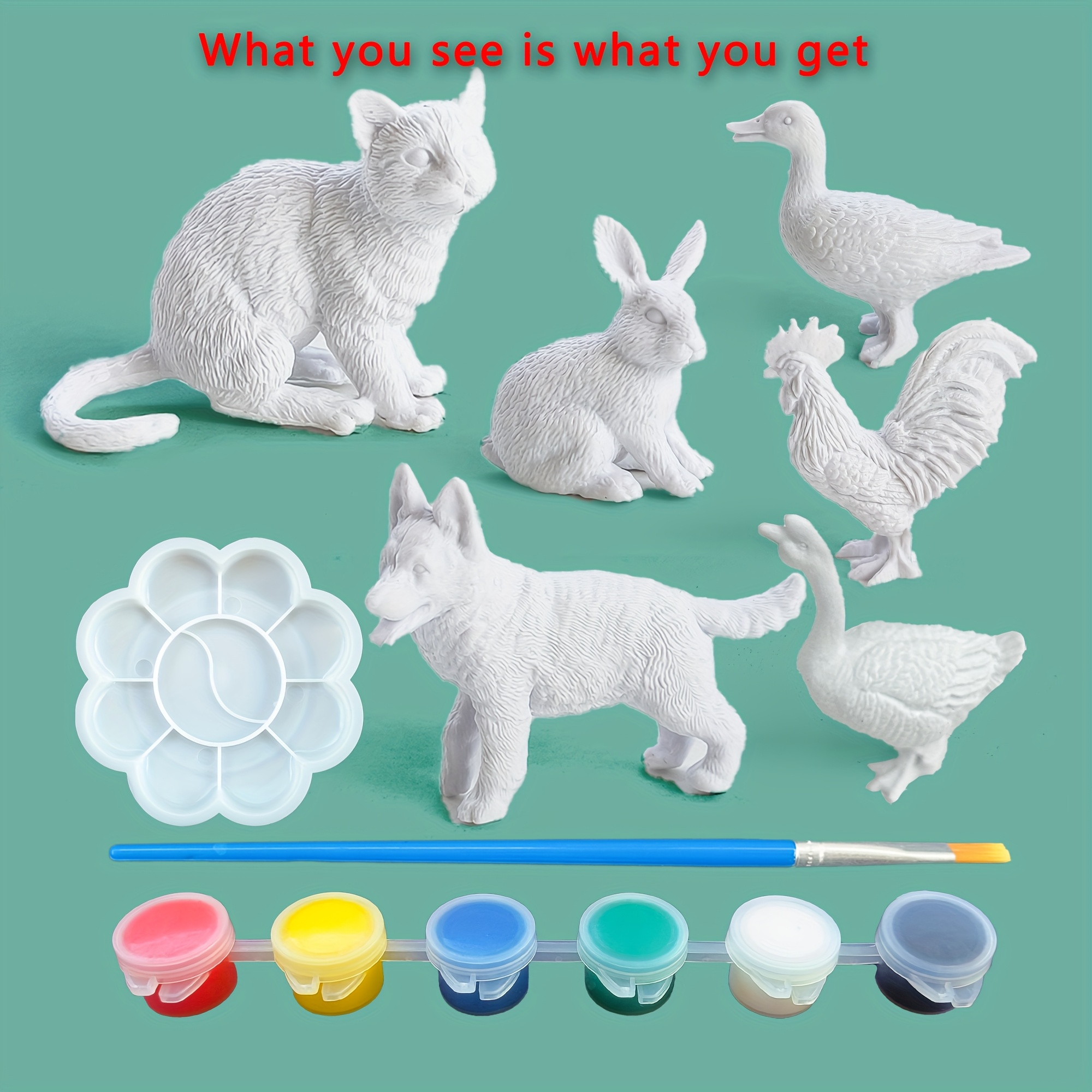 Image of 9pcs (6 Animals + 6 Colors + 1 Brush + 1 Palette) Children's Painting Set - White Pvc Material, Washable And Repaintable , Give To Your Child's Imagination. Perfect Gift
