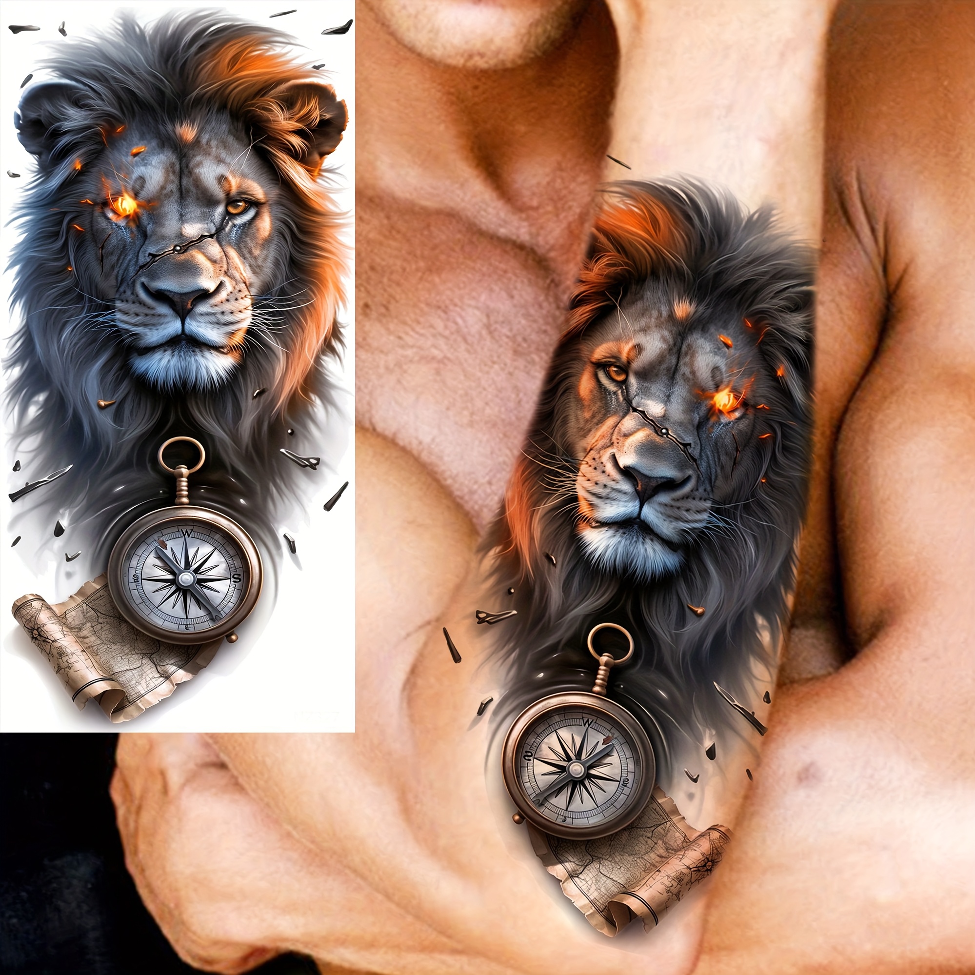 1 Sheet Lion Compass Map Temporary Tattoos For Men Women Arm Thigh Adults Half Sleeve Legs Shank Forearm, Long Lasting Stickers Temp Waterproof Realistic Fake Tattoo