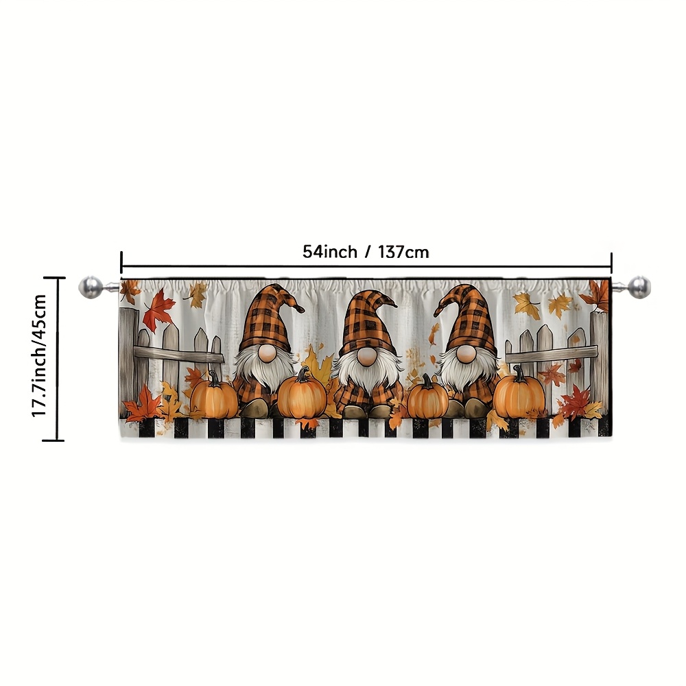 TEMU 1 Stück Herbst-Ernte Kurzvorhang - 2D Flachdruck Kürbis & Drei Gnome mit Ahornblatt-Karo-Design, 100% Polyester Lichtfilter Vorhänge für Küche,